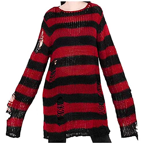 Longpullover Strick Pulli Gothic Halloween Lange Strickpullover, Langarm Rundhals Strickshirt Gestreifter Zerrissene Pulloverkleid, Oversize Damenpullover Strickpulli Oberteile Tops (Red-1, One Size) von Generic
