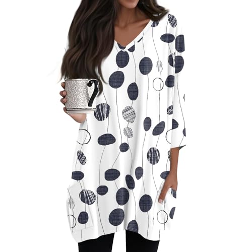 Longshirt Damen 3/4 Ärmel mit Tasche - Oversized Tshirt Lang T-Shirt Sommer Oberteile Vintage-Druck V-Ausschnitt Longbluse Lässig für Leggings Tunika Top,Blau,XXL Longshirt Damen 3/4 Ärmel mit Tasche - Oversized Tshirt Lang T-Shirt Sommer Oberteile Vintage-Druck V-Ausschnitt Longbluse Lässig für Leggings Tunika Top,Blau,XXL von Generic