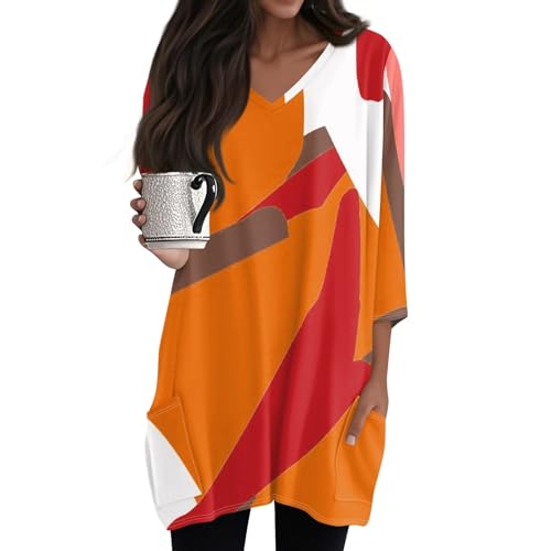 Longshirt Damen 3/4 Ärmel mit Tasche - Oversized Tshirt Lang T-Shirt Sommer Oberteile Vintage-Druck V-Ausschnitt Longbluse Lässig für Leggings Tunika Top,Orange,XXL Longshirt Damen 3/4 Ärmel mit Tasche - Oversized Tshirt Lang T-Shirt Sommer Oberteile Vintage-Druck V-Ausschnitt Longbluse Lässig für Leggings Tunika Top,Orange,XXL von Generic