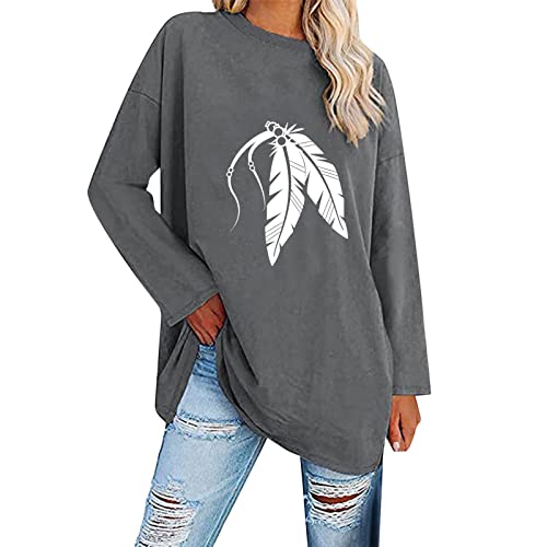 Longshirt Damen Herbst Winter Tunika Print Langarm Lange Oberteile Bedruckte Longbluse Longpullover T Shirt Casual Lose Elegant Pullover Bluse Sweatshirt Langarmshirt Hemd Tops, XL, Dunkelgrau von Generic