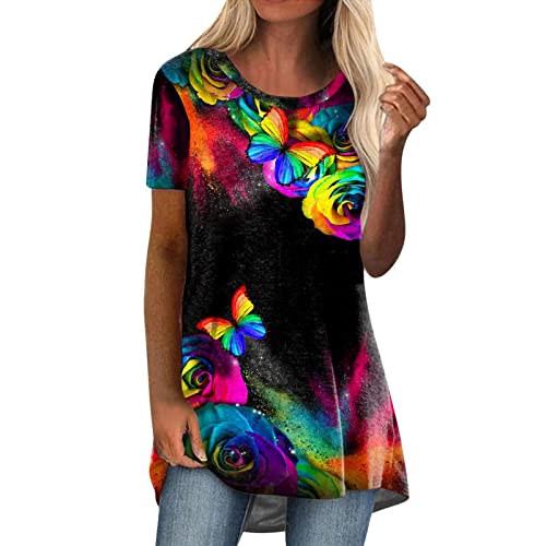 Longshirt Damen Kurzarm Sommer Drucken Tunika Oversize Lange Oberteile Große Größen Longbluse Longpullover Tshirt Casual Basic Lose Elegant Pullover Bluse Sweatshirt Bedruckte T Shirt Tops von Generic