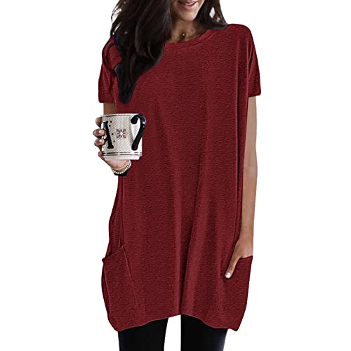 Longshirt Damen Kurzarm mit Tasche - Oversized Tshirt Lang Damen LongtopsT-Shirt Sommer Oberteile Einfarbig Rundhals Longbluse Lässig für Leggings Pullover T-Shirts Frauen Tunika Tops von Generic