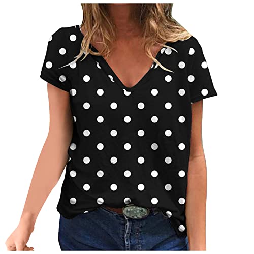 Longshirt Damen Lässig für Leggings Tshirt Damen Polka Dots Druck Oberteile V-Ausschnitt Bluse Regular Fit Shirt Leichte Kurzarm Pullover Sommer T-Shirt Basic Tops für Frauen Lässige von Generic