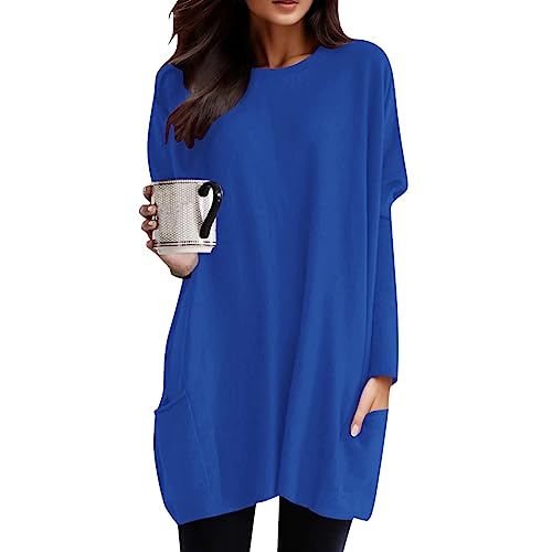 Longshirt Damen Lang Shirt Rundhals Langarm Oberteil Einfarbig Casual Lässig Pullover T-Shirt Tunika Tops mit Taschen Elegant Langarmshirt Sweatshirt Lose Rundkragen Oversize Blusen Tuniken von Generic