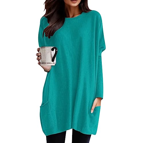 Longshirt Damen Lang Shirt Rundhals Langarm Oberteil Einfarbig Casual Lässig Pullover T-Shirt Tunika Tops mit Taschen Elegant Langarmshirt Sweatshirt Lose Rundkragen Oversize Blusen Tuniken von Generic