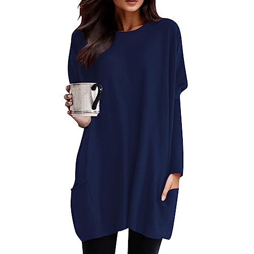 Longshirt Damen Lang Shirt Rundhals Langarm Oberteil Einfarbig Casual Lässig Pullover T-Shirt Tunika Tops mit Taschen Elegant Langarmshirt Sweatshirt Lose Rundkragen Oversize Blusen Tuniken von Generic