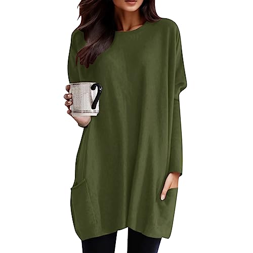 Longshirt Damen Lang Shirt Rundhals Langarm Oberteil Einfarbig Casual Lässig Pullover T-Shirt Tunika Tops mit Taschen Elegant Langarmshirt Sweatshirt Lose Rundkragen Oversize Blusen Tuniken von Generic