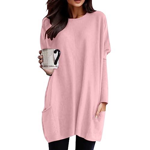 Longshirt Damen Lang Shirt Rundhals Langarm Oberteil Einfarbig Casual Lässig Pullover T-Shirt Tunika Tops mit Taschen Elegant Langarmshirt Sweatshirt Lose Rundkragen Oversize Blusen Tuniken von Generic