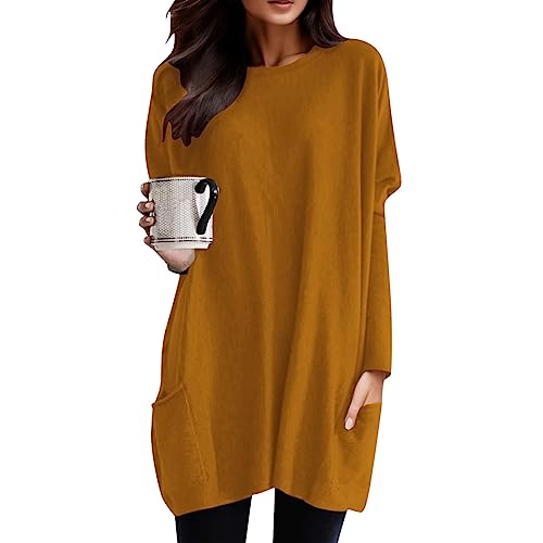 Longshirt Damen Lang Shirt Rundhals Langarm Oberteil Einfarbig Casual Pullover T-Shirt Tunika Tops mit Taschen Elegant Langarmshirt Sweatshirt Lose Lässig Rundkragen Oversize Blusen Tuniken von Generic