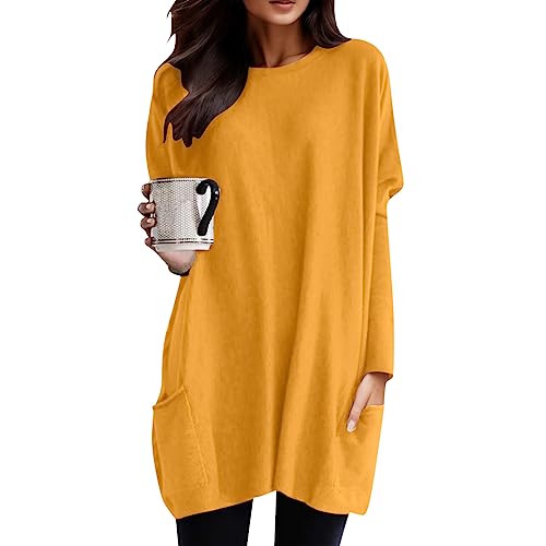 Longshirt Damen Lang Shirt Rundhals Langarm Oberteil Einfarbig Casual Pullover T-Shirt Tunika Tops mit Taschen Elegant Langarmshirt Sweatshirt Lose Lässig Rundkragen Oversize Blusen Tuniken von Generic