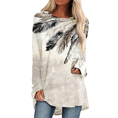 Longshirt Damen Langarm Printed Große Größen Tunika Oberteile Bedruckte Longbluse Longpullover T Shirt Frauen Casual Lose Elegant Lange Pullover Bluse Sweatshirt Langarmshirt Hemd Tops von Generic