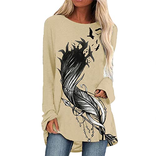 Longshirt Damen Langarm Printed Große Größen Tunika Oberteile Bedruckte Longbluse Longpullover T Shirt Frauen Casual Lose Elegant Lange Pullover Bluse Sweatshirt Langarmshirt Hemd Tops von Generic