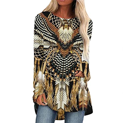 Longshirt Damen Langarm Printed Große Größen Tunika Oberteile Bedruckte Longbluse Longpullover T Shirt Frauen Casual Lose Elegant Lange Pullover Bluse Sweatshirt Langarmshirt Hemd Tops von Generic