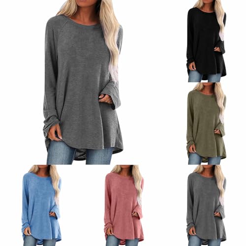 Longshirt Damen Oversize Long Pullover Langarmshirt Lässige Basic Longsleeve Einfarbig Longtops Oberteile Vintage Langarm Bluse Shirt Frühjahr Sommer Longpullover Bequem Pulli Tops (001 Grau, M) von Generic