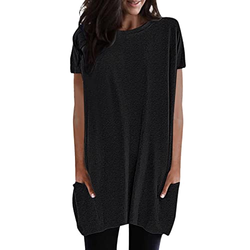 Longshirt Damen Oversize Shirt Kurzarm Lang Shirt Lässig Tops Rundhals Kurzarm Oberteil Einfarbig T-Shirt Tunika Loose Casual Kurzarmshirt mit Tasche Elegant Pullover Sweatshirt von Generic