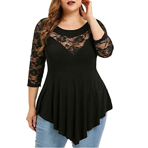 Longshirt Damen Plus Size Damen Bluse Spitze Langarm Shirt Übergroße Spitzenbluse Rundhals Asymmetrisch Oberteile Langarmshirt Blumen Stickerei Tunika Tshirt Mollige Elegant Festliche Tops von Generic