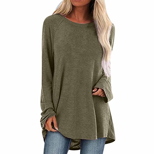 Longshirt Damen Herbst Tunika Einfarbig Langarm Große Größen Lange Oberteile Bedruckte Longbluse Longpullover T Shirt Lose Pullover Bluse Sweatshirt Langarmshirt Hemd Tops, Khaki, XL von Generic