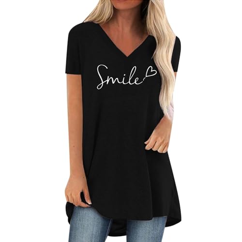 Longshirt Damen Tunika Sommer Longbluse Damen Lässig für Leggings Oversize Shirt Kurzarm A-Linien V Ausschnitt mit Muster Longtop Longshirts Lange Tshirts Tshirt Lang Bluse Oberteile Blusen von Generic