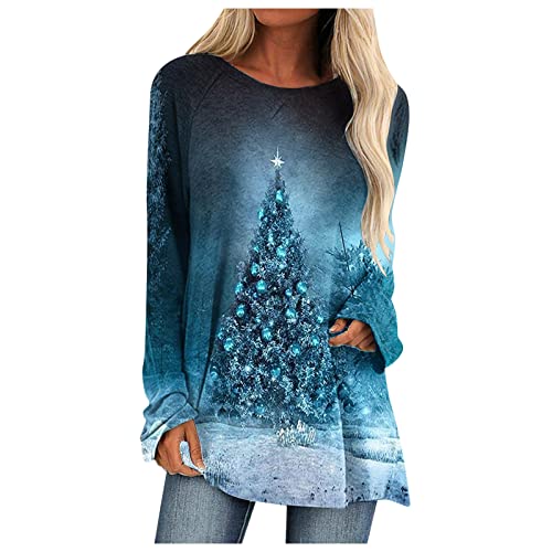 Longshirt Damen Weihnachten Herbst Winter Tunika Langarm Weihnachtspullover Lange Oberteile Bedruckte Longbluse Longpullover Casual Lose Elegant Pullover Bluse Sweatshirt Langarmshirt Hemd Tops von Generic