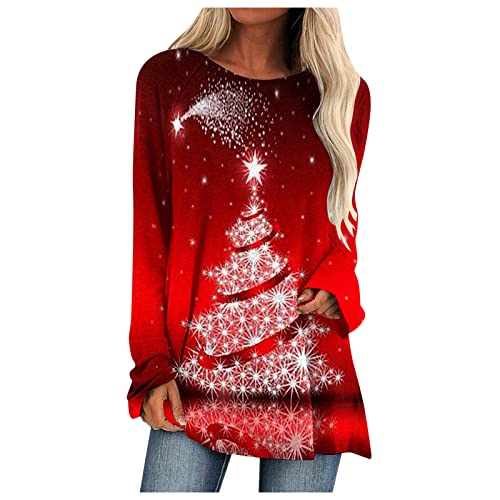 Longshirt Damen Weihnachten Langarm Weihnachtspullover Tunika Große Größen Lange Oberteile Bedruckte Longbluse Longpullover T Shirt Casual Lose Elegant Pullover Bluse Sweatshirt Langarmshirt Hemd Tops von Generic