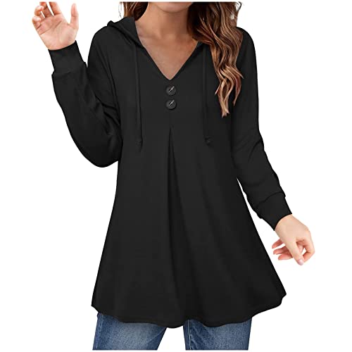 Longshirt Damen mit Kapuze Herbst Winter Langarm Hoodie Kapuzenpullover Lange Oberteile Bedruckte Longbluse Longpullover T Shirt Casual Lose Elegant Pullover Bluse Sweatshirt Tops, L, Schwarz von Generic