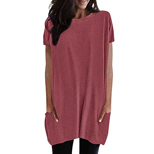 Longshirt Damen mit Tasche,Oversize Shirt Longbluse Rundhals Kurzarm Oberteil Einfarbig T-Shirt Tunika Top Loose Casual Kurzarmshirt Elegant Pullover Sweatshirt Rundkragen Große Größen Lang Shirt von Generic