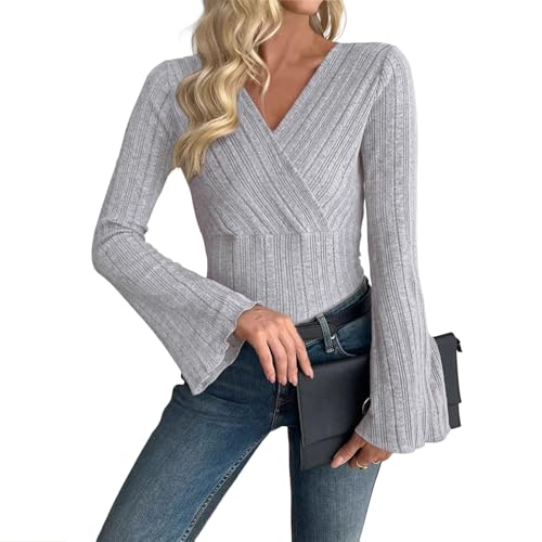 Longsleeve Damen Eng Longshirt Langarm Henley Shirt Damen Langarm Crop Tops Damen Langarm Bluse Mit Spitze Damen Damen Langarmshirt Baumwolle Bluse Spitze Ausgefallene Light Gray L von Generic