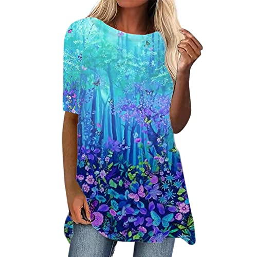 Longtops Damen Lang Kurzarm Lässig Blusen Longbluse Oberteile für Leggings Sommer Große Größen Damenblusen Longshirt Elegant Grosse Grössen Bluse Damenbluse Lange Sommerbluse Sexy Bunt Tunika Oberteil von Generic