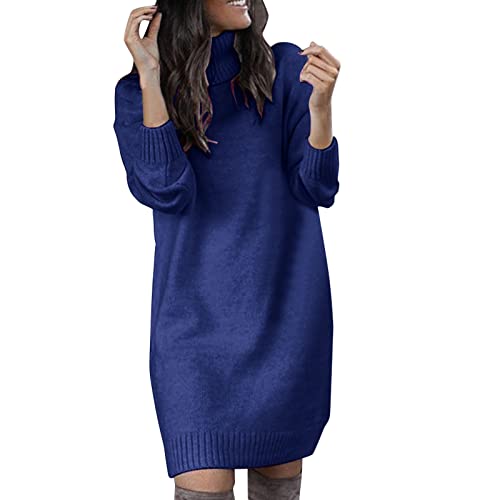 Loose Fit Langarm Strickpullover Kleid für Frauen Rollkragen Gerippt Solide Winter Weiche Herbst Mode 2023 Leichte Langarm Pullover Langarm Pullover Langarm Pullover Kleid Pullover, blau, X-Large von Generic
