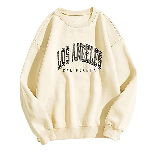 Los Angeles Pullover Teenager Mädchen Vintage Pullover Damen California Pullover Sweatshirt Damen Oversized Sweatshirt Ohne Kapuze Aesthetic Pullover Hoodie Pulli Y2k Streetwear (Beige, XL) von Generic
