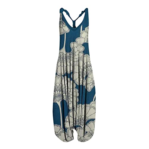 Lose Latzhose Damen Ärmellose Overalls Boho Jumpsuit mit Träger Taschen Retro Sommerhose Blumen Playsuit Rompers Jeanslatzhose Lange Wide Leg Hosen Trägerhose#71 von Generisch