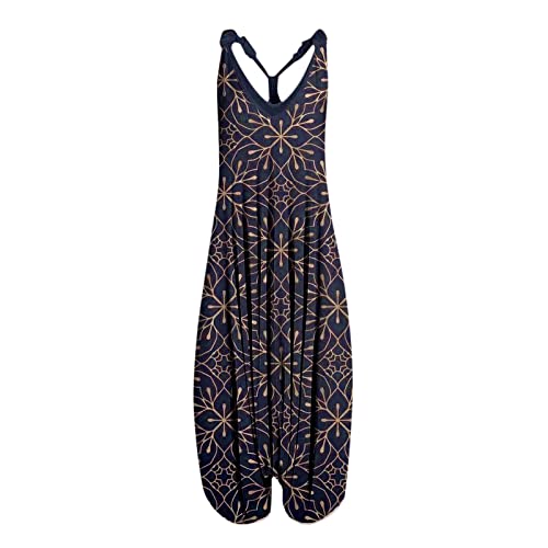 Lose Latzhose Damen Ärmellose Overalls Boho Jumpsuit mit Träger Taschen Retro Sommerhose Blumen Playsuit Rompers Jeanslatzhose Lange Wide Leg Hosen Trägerhose#74 von Generisch