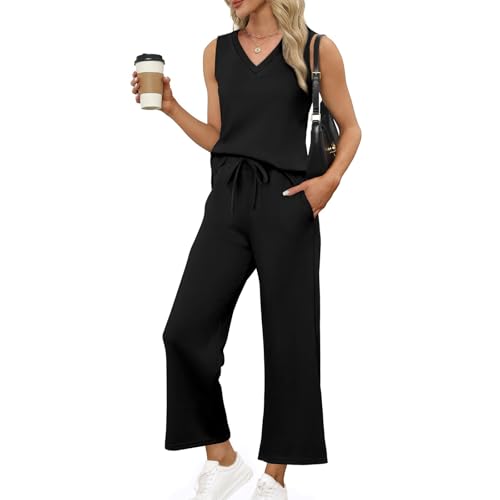 Lounge Set Damen Einfarbig Baumwolle Leinen Freizeitanzug Elegant Hosenanzug Casual Rundhals Kurzarm T-Shirt Und Hose 2 Teiler Leicht Luftig Loungewear Strand Urlaub Hausanzug von Generic
