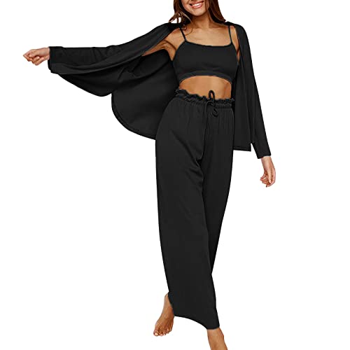 Loungewear Damen Set 3 Teilig Baumwolle - Hausanzug Damen Set 3 Teilig, Pyjama Set 3-Teiliges Schlafanzug Kurz Hausanzug Cami Top & Kurzhose & Morgenmantel Nachtwäsche Bademantel Lounge Set von Generic