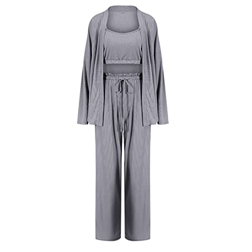 Loungewear Damen Set 3 Teilig Baumwolle - Hausanzug Damen Set 3 Teilig, Pyjama Set 3-Teiliges Schlafanzug Kurz Hausanzug Cami Top & Kurzhose & Morgenmantel Nachtwäsche Bademantel Lounge Set von Generic