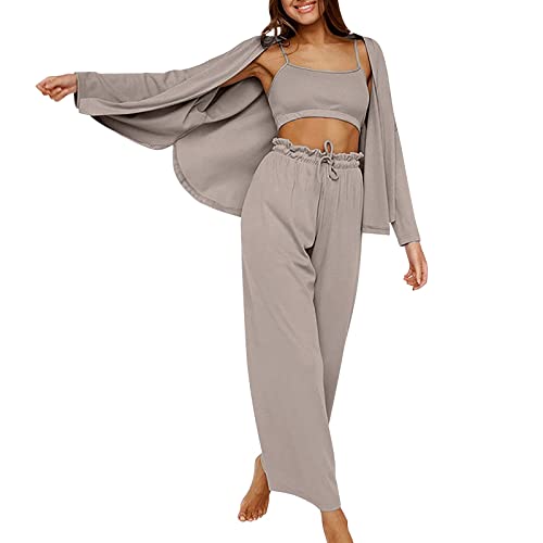 Loungewear Damen Set 3 Teilig Baumwolle - Hausanzug Damen Set 3 Teilig, Pyjama Set 3-Teiliges Schlafanzug Kurz Hausanzug Cami Top & Kurzhose & Morgenmantel Nachtwäsche Bademantel Lounge Set von Generic