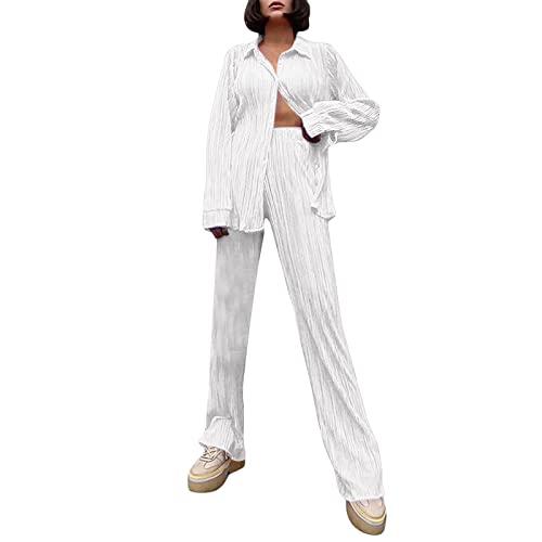 Loungewear Set Damen Zweiteiler Plissee Set Elegant Hosenanzug Langarm Button Down Shirt Revers Bluse + Weites Bein Hose Outfit Casual Loungewear Loungewear Set Streetwear von Generic