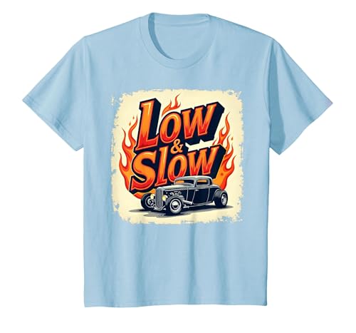 Low & Slow Hot Rod Cruising Oldtimer-Flammen T-Shirt, Kinder, Himmelblau, 98 von Generic