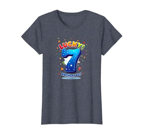 Lucky 7 Birthday Boy Festliche Feier für Kinder T-Shirt, Damen, Blau Meliert, XS Lucky 7 Birthday Boy Festliche Feier für Kinder T-Shirt, Damen, Blau Meliert, XS von Generic