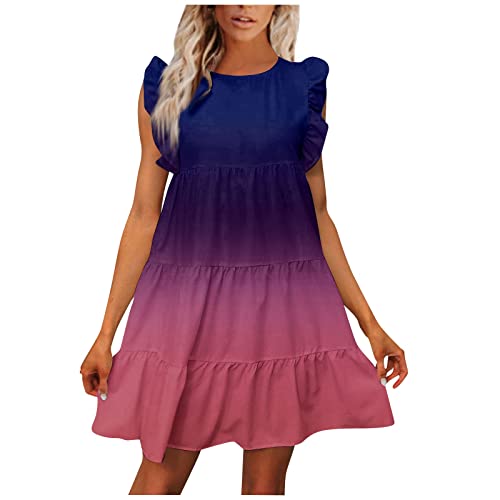 Luftige Sommerkleider, Tunika Kleid Damen Sommer Afrikanische Kleider Damen Abendkleider Elegant Lässige Kurzarm Sommer Minikleider Mit Rundhalsausschnitt Und Rüschenbesatz Für (Violett,L) von Generic