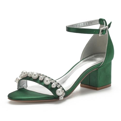 Lumpy Absätze Satin Perlen Hochzeitsschuhe Bridal High Heels Sandals Brautschuhe Abschlussball Party Kleid Schuhe5.5Cm,Dark Green,40 EU von Generic