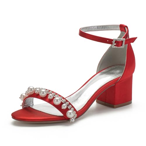 Lumpy Absätze Satin Perlen Hochzeitsschuhe Bridal High Heels Sandals Brautschuhe Abschlussball Party Kleid Schuhe5.5Cm,Rot,38 EU von Generic
