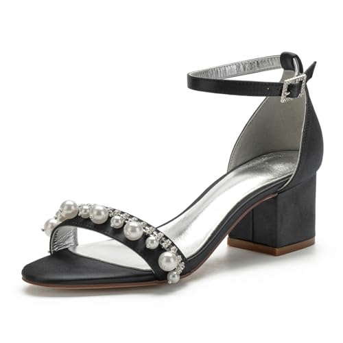 Lumpy Absätze Satin Perlen Hochzeitsschuhe Bridal High Heels Sandals Brautschuhe Abschlussball Party Kleid Schuhe5.5Cm,Schwarz,35 EU von Generic