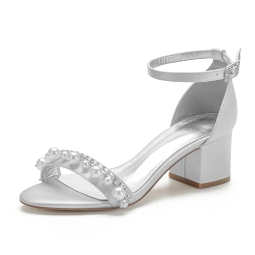 Lumpy Absätze Satin Perlen Hochzeitsschuhe Bridal High Heels Sandals Brautschuhe Abschlussball Party Kleid Schuhe5.5Cm,Silber,39 EU von Generic