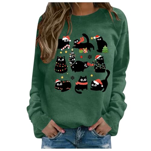 Lustig Weihnachtspullover Katze Damen, Winter Weihnachtspulli Damen Langarm, Rundhals Strickpullover Damen Lose Ugly Christmas Sweater Longsleeve Weihnachtsshirt Schwarz Warm Weihnachts für Frauen von Generic