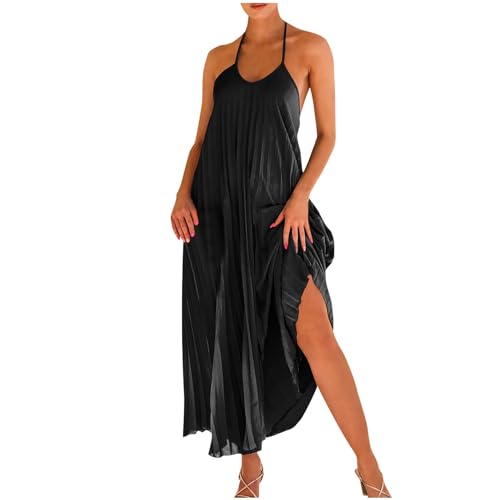 Lustige Geschenke für Frauen Strandkleid Damen Lang Halfter Neck Sommerkleid A-Linien Ärmellos Kleid Fließend Plissee Trägerkleid Schulterfrei Maxikleid Schulterfrei Kleider Sommer von Generic