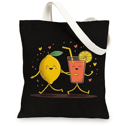 Lustige Leinentaschen mit Zitronen- und Getränkemotiv, wiederverwendbar, leicht und waschbar, mit Schultergurt, Schwarz, 13x15 Inch von Generic
