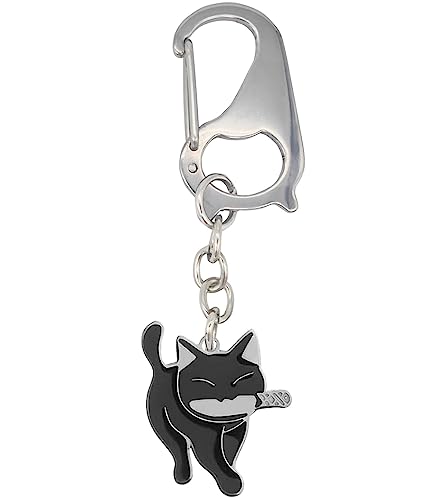 Lustige und niedliche schwarze Katze Edelstahl Schlüsselanhänger für Männer und Frauen, tapfere Katze Schlüsselanhänger, niedliche Tasche Charm Zubehör, Schwarz 2, Medium von Generic