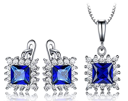 Luxuriöses Damen-Schmuckset mit Aquamarin-Edelstein und Zirkonia, Ohrringen, Anhänger und Halskette, zweiteilig, 925er Sterlingsilber von Generic