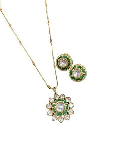 Luxury at Less Elegant Golden Polish Polki Pendant Necklace & Earring Set - Indian Bridal Statement Jewellery Set for Wedding and Festive Wear von Generic